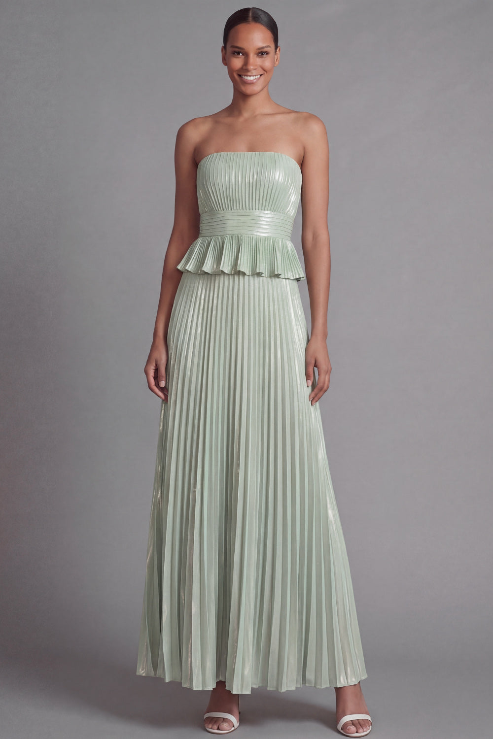 Pleated Ruffled A Line Dusty Sage Long Formal Dress