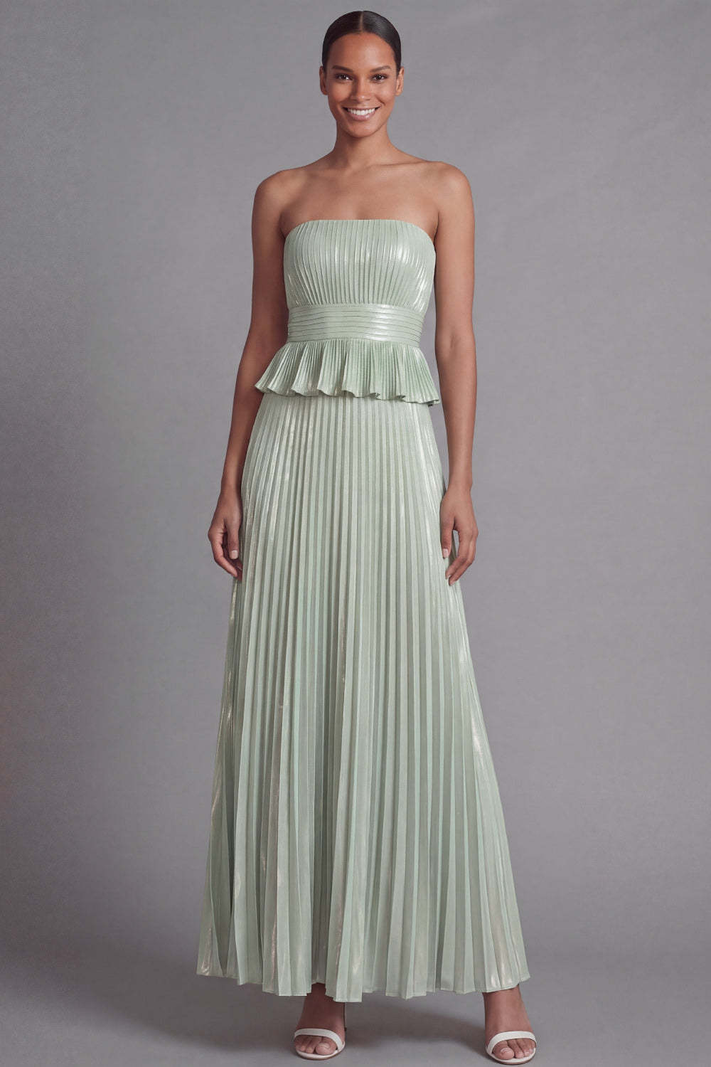 Pleated Ruffled A Line Dusty Sage Long Formal Dress