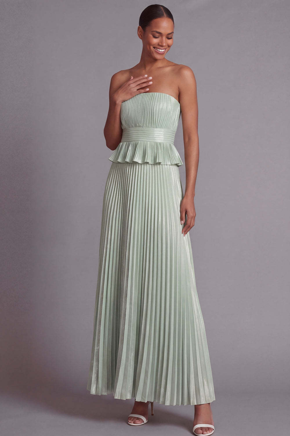 Pleated Ruffled A Line Dusty Sage Long Formal Dress