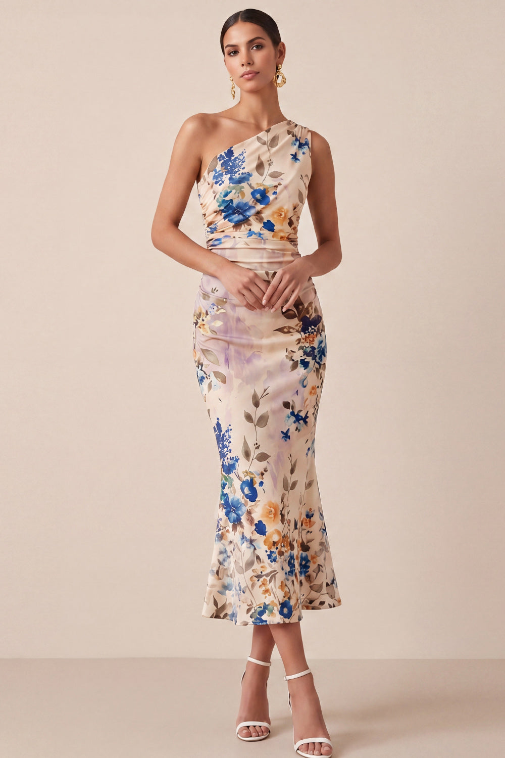 Ivory Floral Mermaid Midi Formal Dress