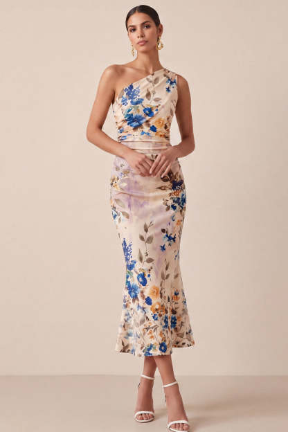 Leely Women Ivory Floral Mermaid Midi Formal Dress One Shoulder Ruched Backless Wedding Guest Dress