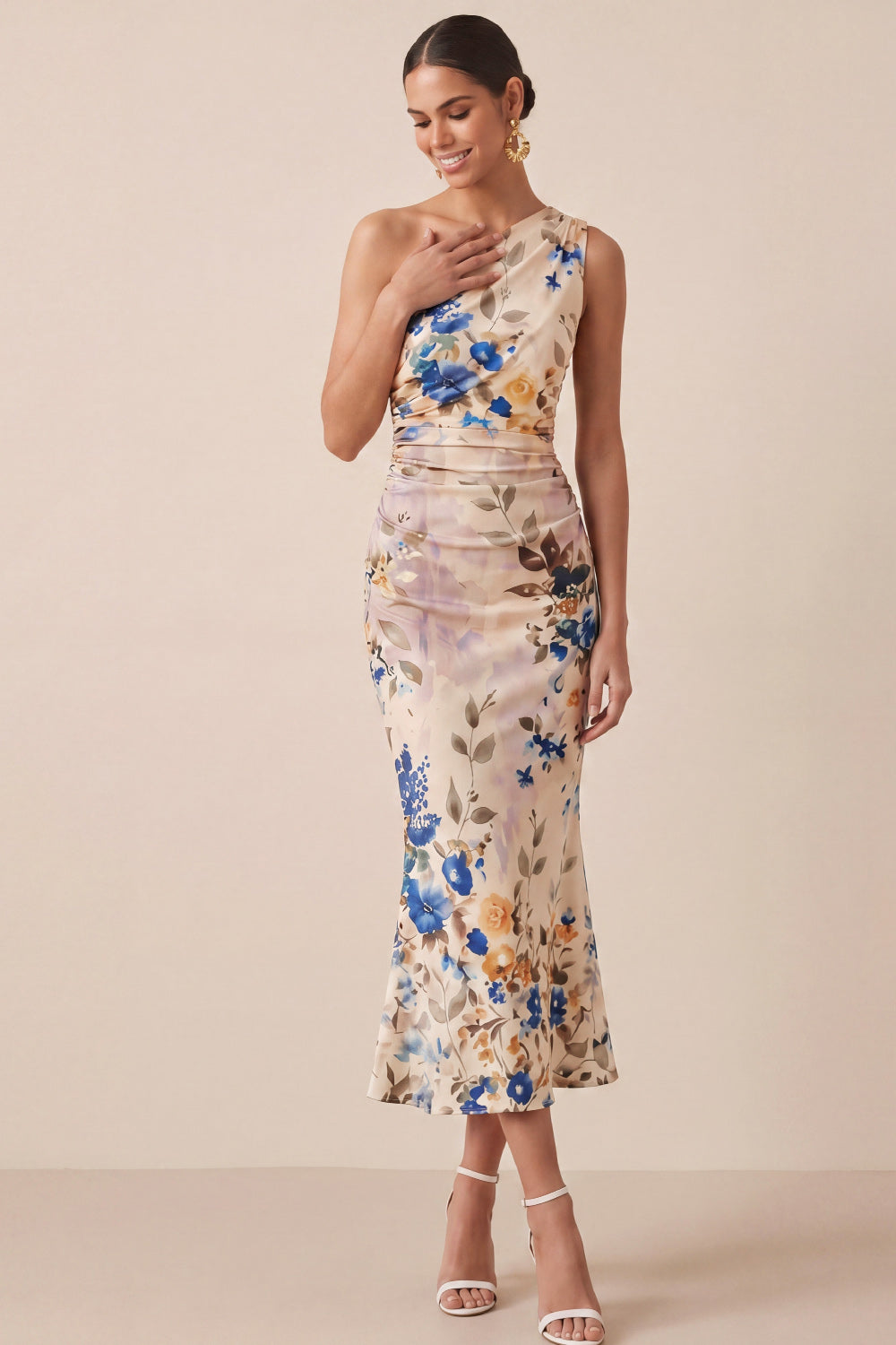 Ivory Floral Mermaid Midi Formal Dress