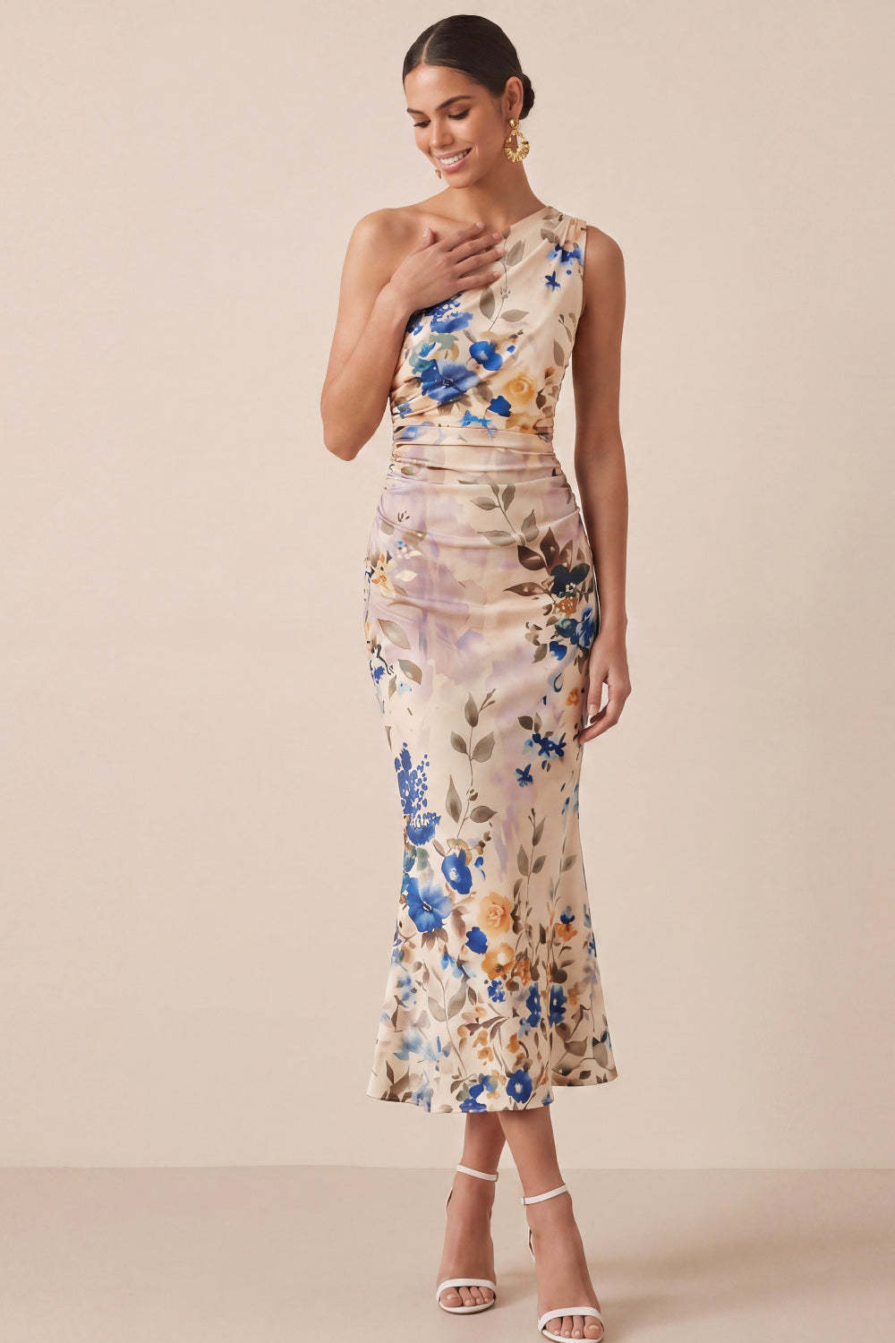Ivory Floral Mermaid Midi Formal Dress