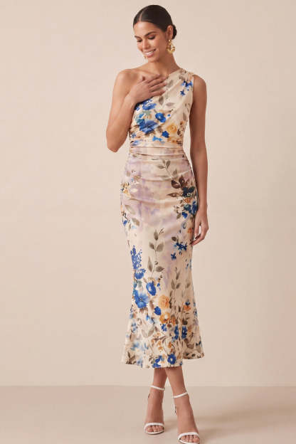 Ivory Floral Mermaid Midi Formal Dress