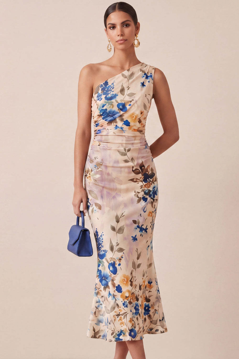 Ivory Floral Mermaid Midi Formal Dress