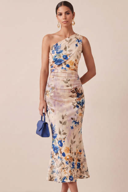 Ivory Floral Mermaid Midi Formal Dress
