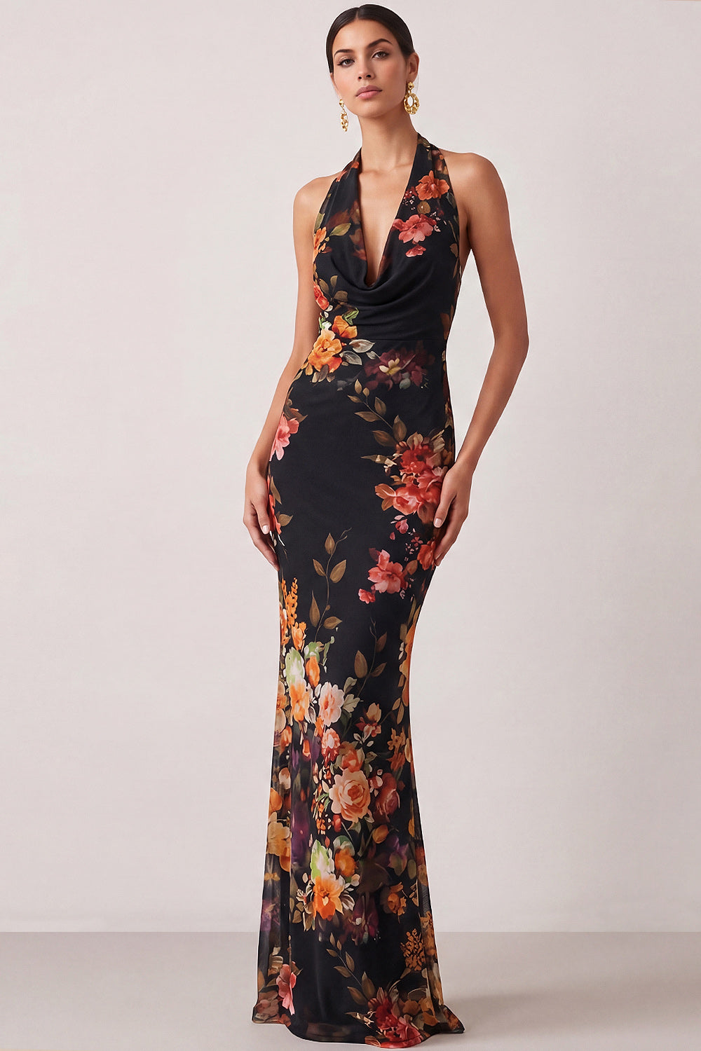 Leely Women Black Floral Mermaid Long Formal Dress Halter Neck Backless Sleeveless Wedding Guest Dress