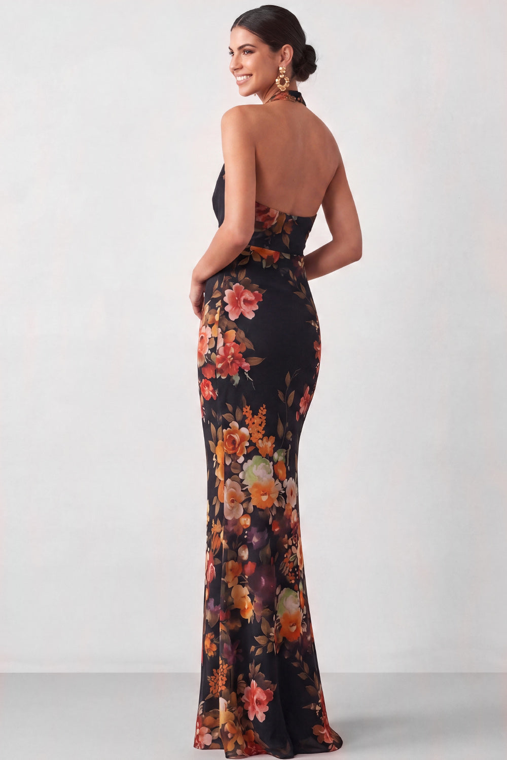 Black Floral Mermaid Halter Neck Long Formal Dress