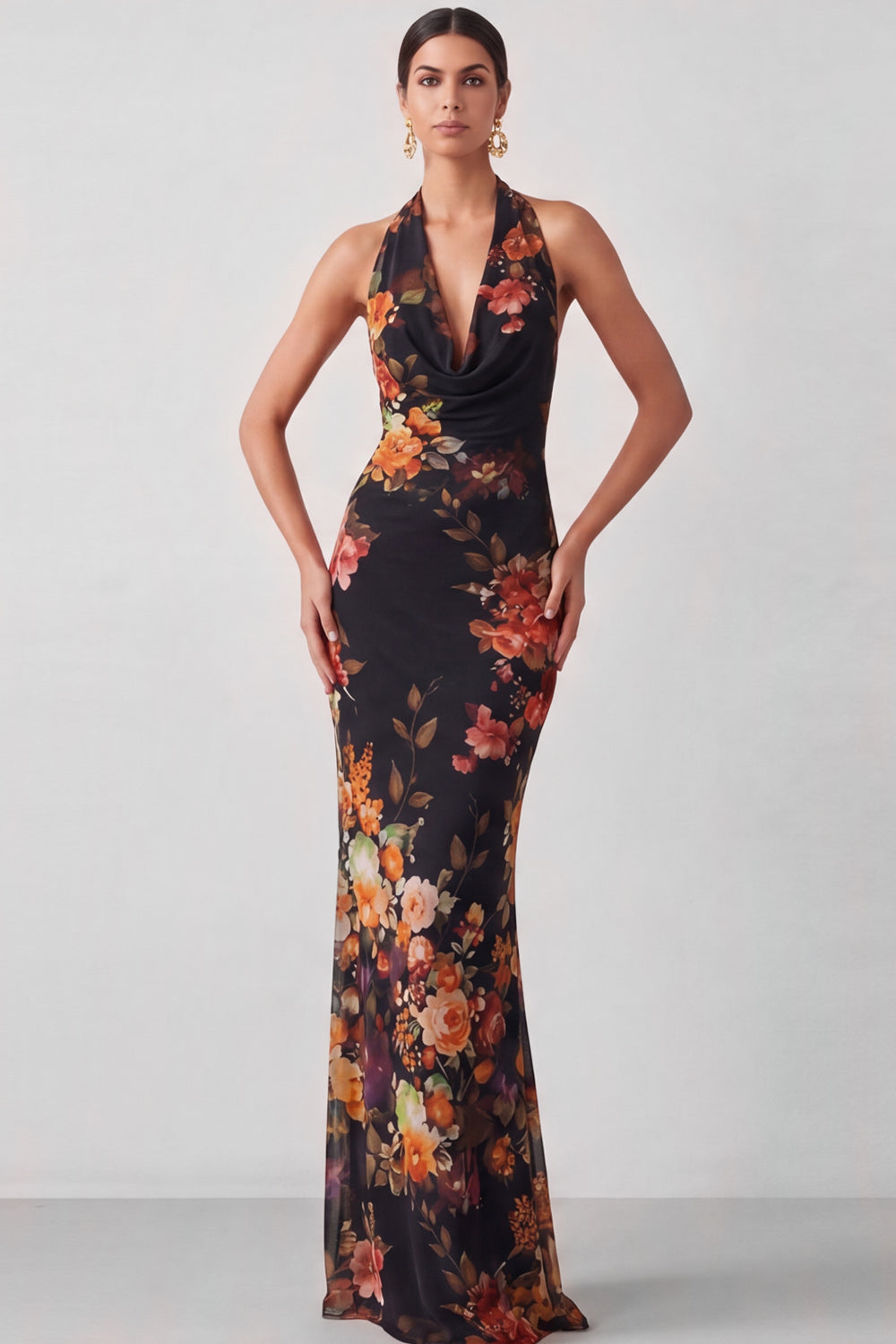 Black Floral Mermaid Halter Neck Long Formal Dress