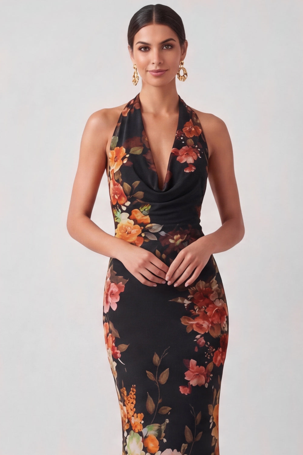 Black Floral Mermaid Halter Neck Long Formal Dress