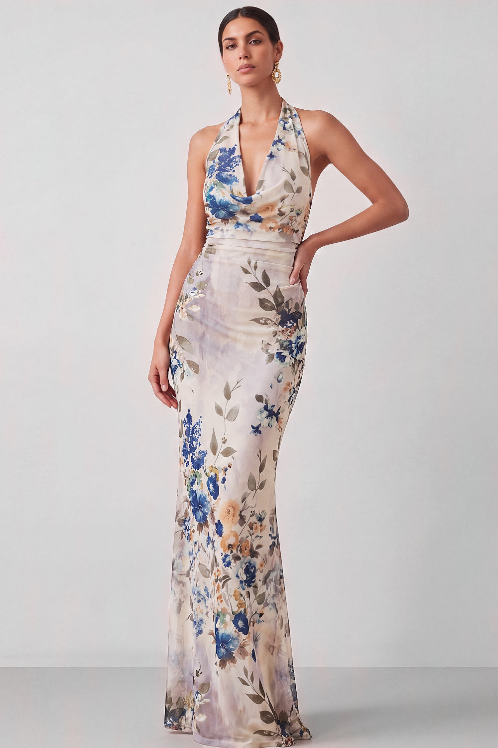 Black Floral Mermaid Halter Neck Long Formal Dress