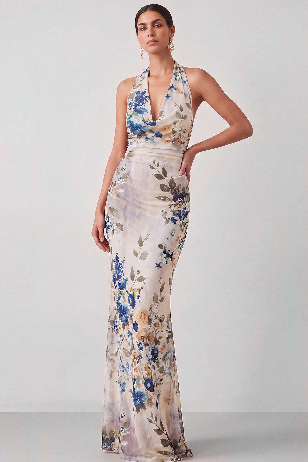 Black Floral Mermaid Halter Neck Long Formal Dress