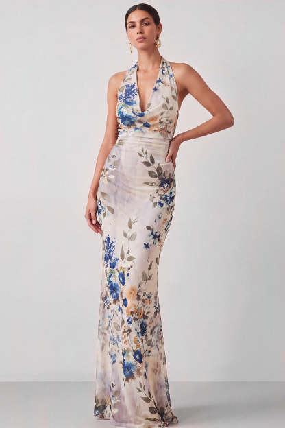 Black Floral Mermaid Halter Neck Long Formal Dress