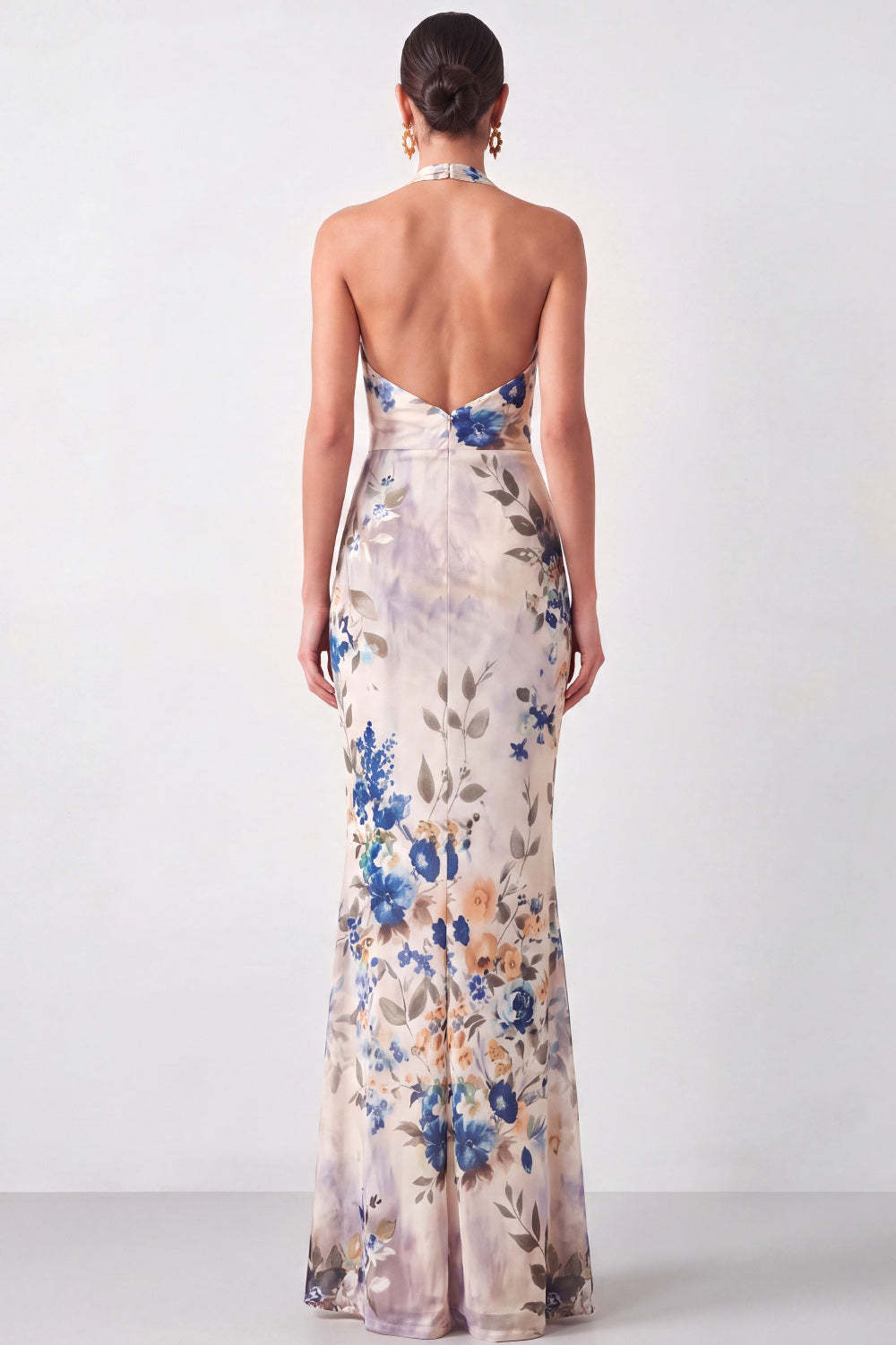 Black Floral Mermaid Halter Neck Long Formal Dress