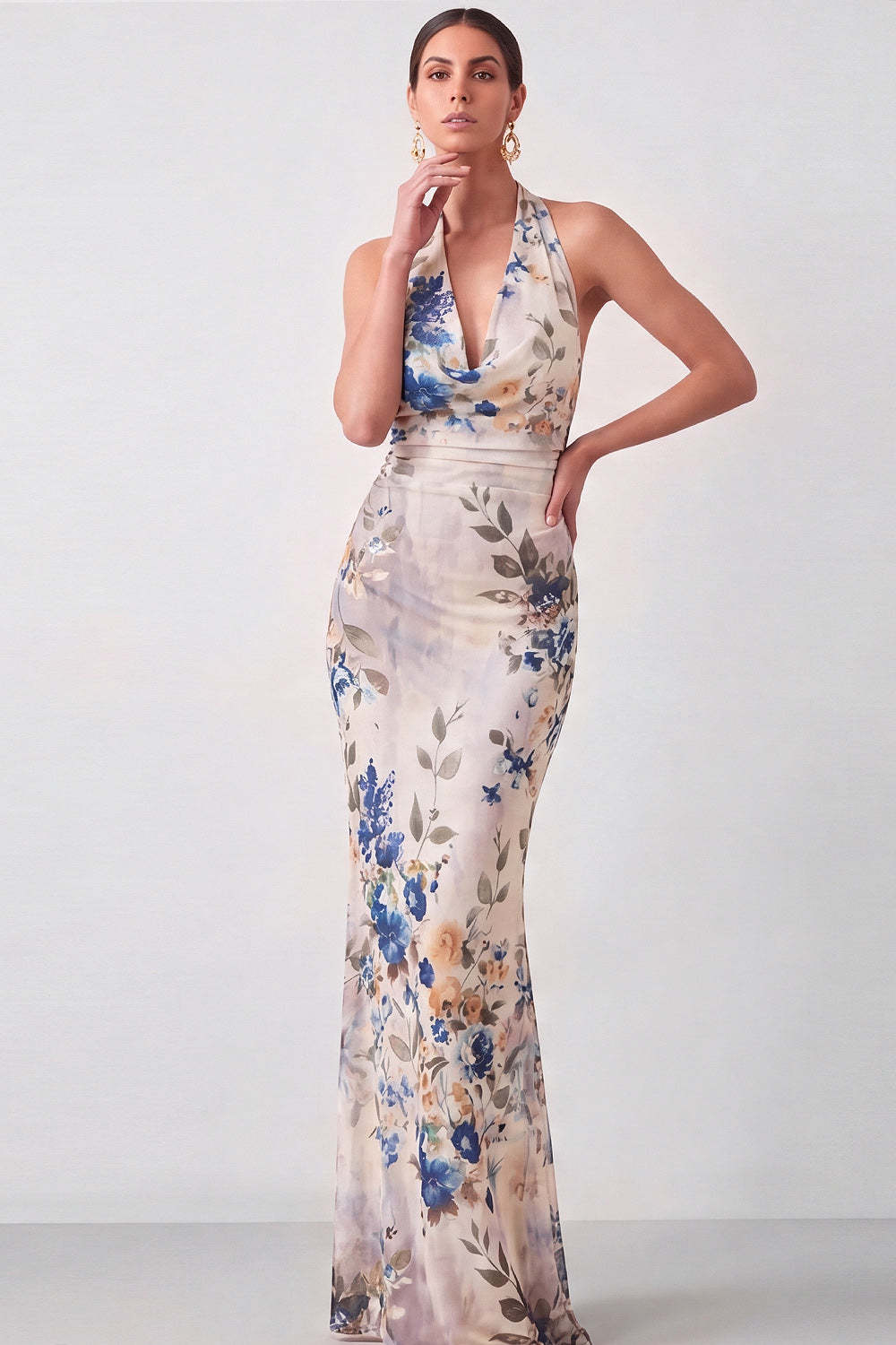 Black Floral Mermaid Halter Neck Long Formal Dress