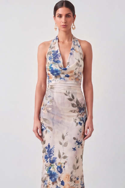 Black Floral Mermaid Halter Neck Long Formal Dress