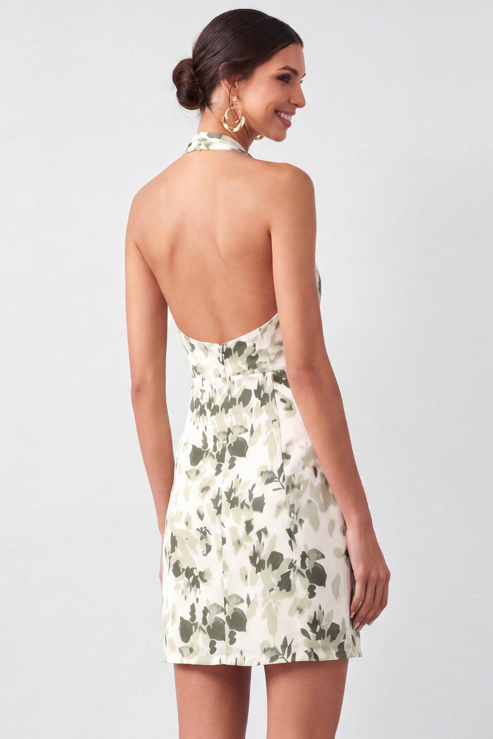 Light Green Bodycon Floral Halter Neck Short Formal Dress