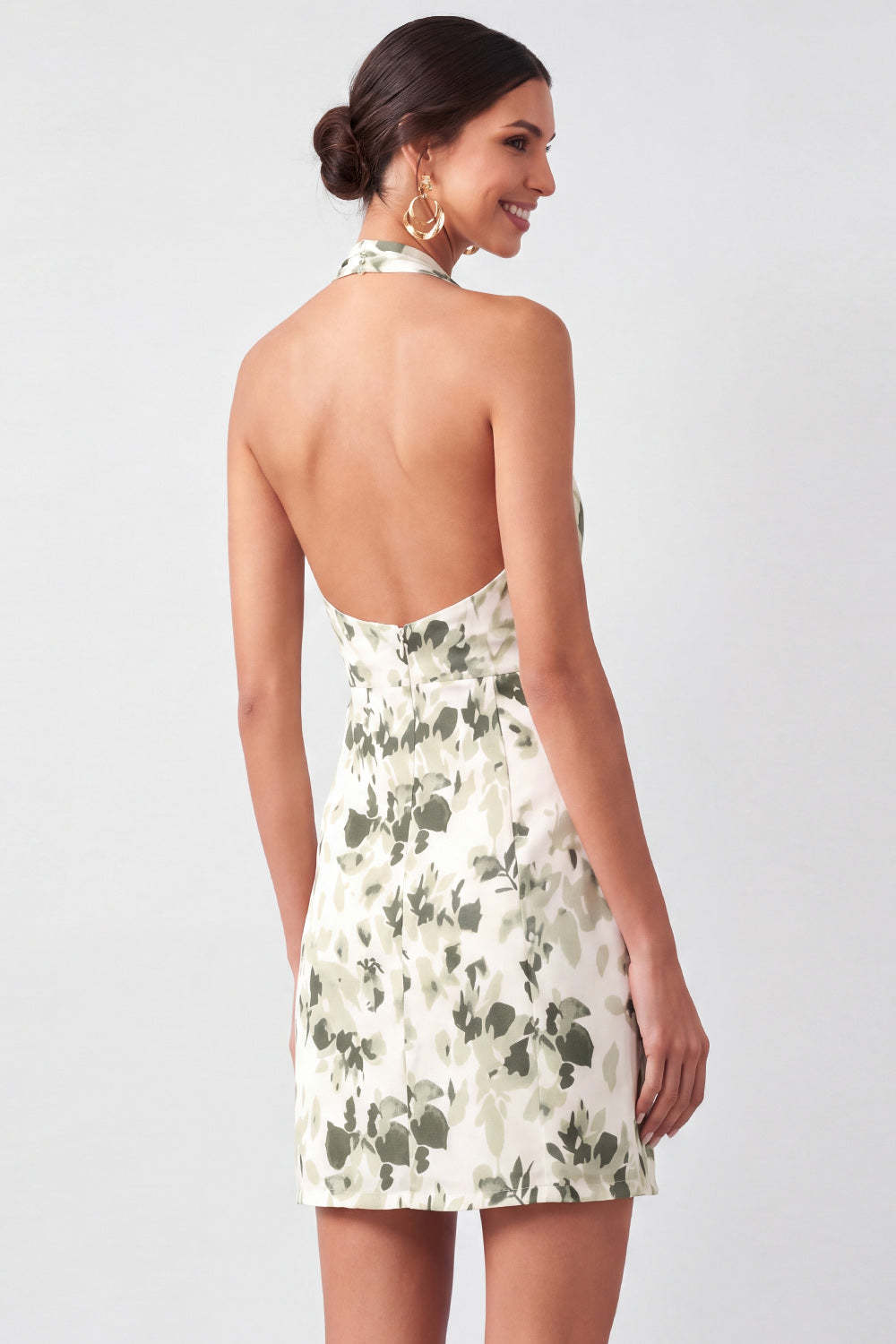 Light Green Bodycon Floral Halter Neck Short Formal Dress