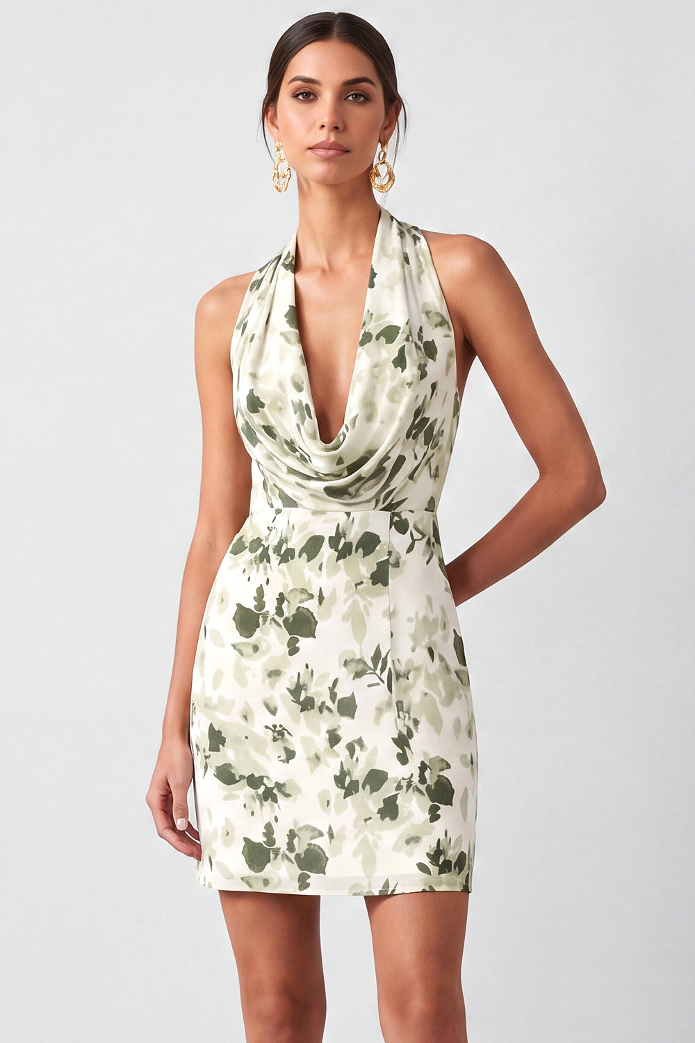 Light Green Bodycon Floral Halter Neck Short Formal Dress