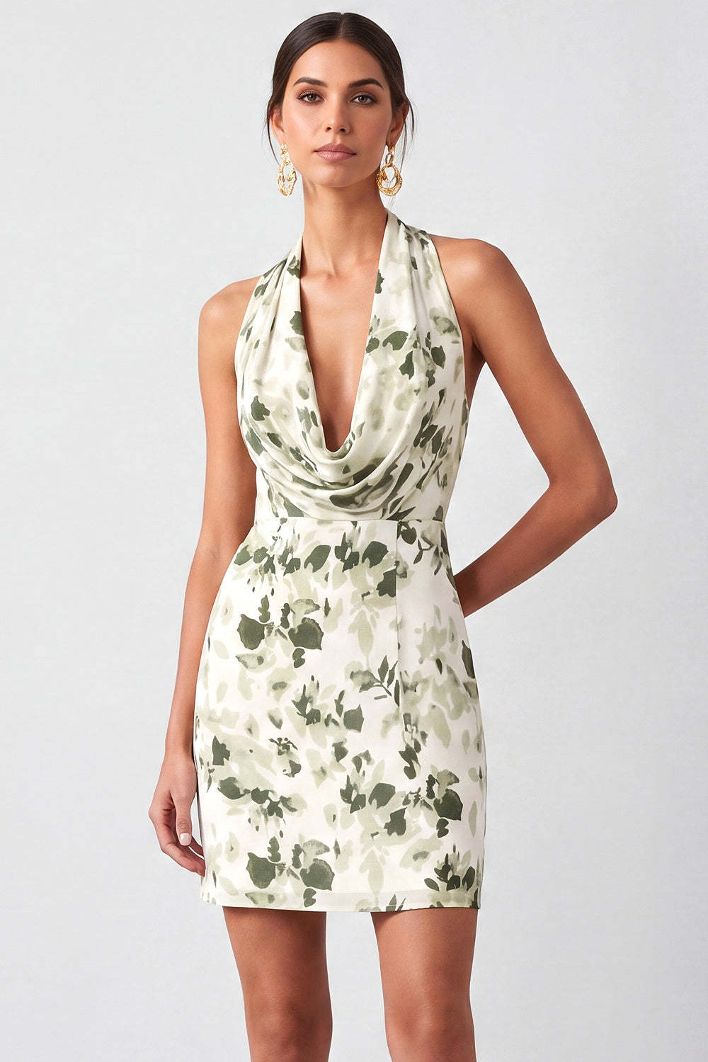 Light Green Bodycon Floral Halter Neck Short Formal Dress