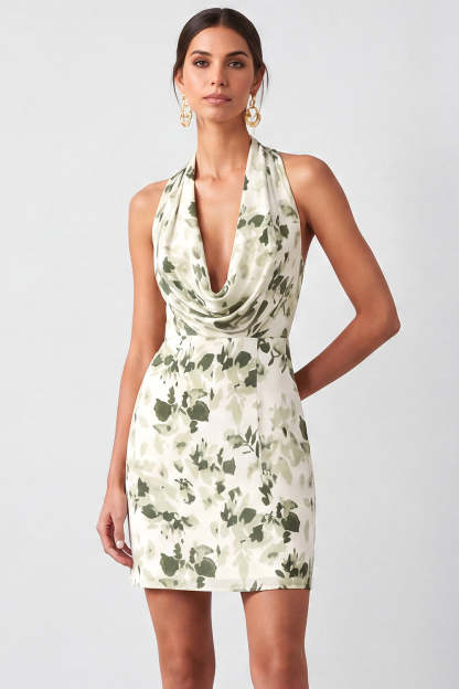 Light Green Bodycon Floral Halter Neck Short Formal Dress