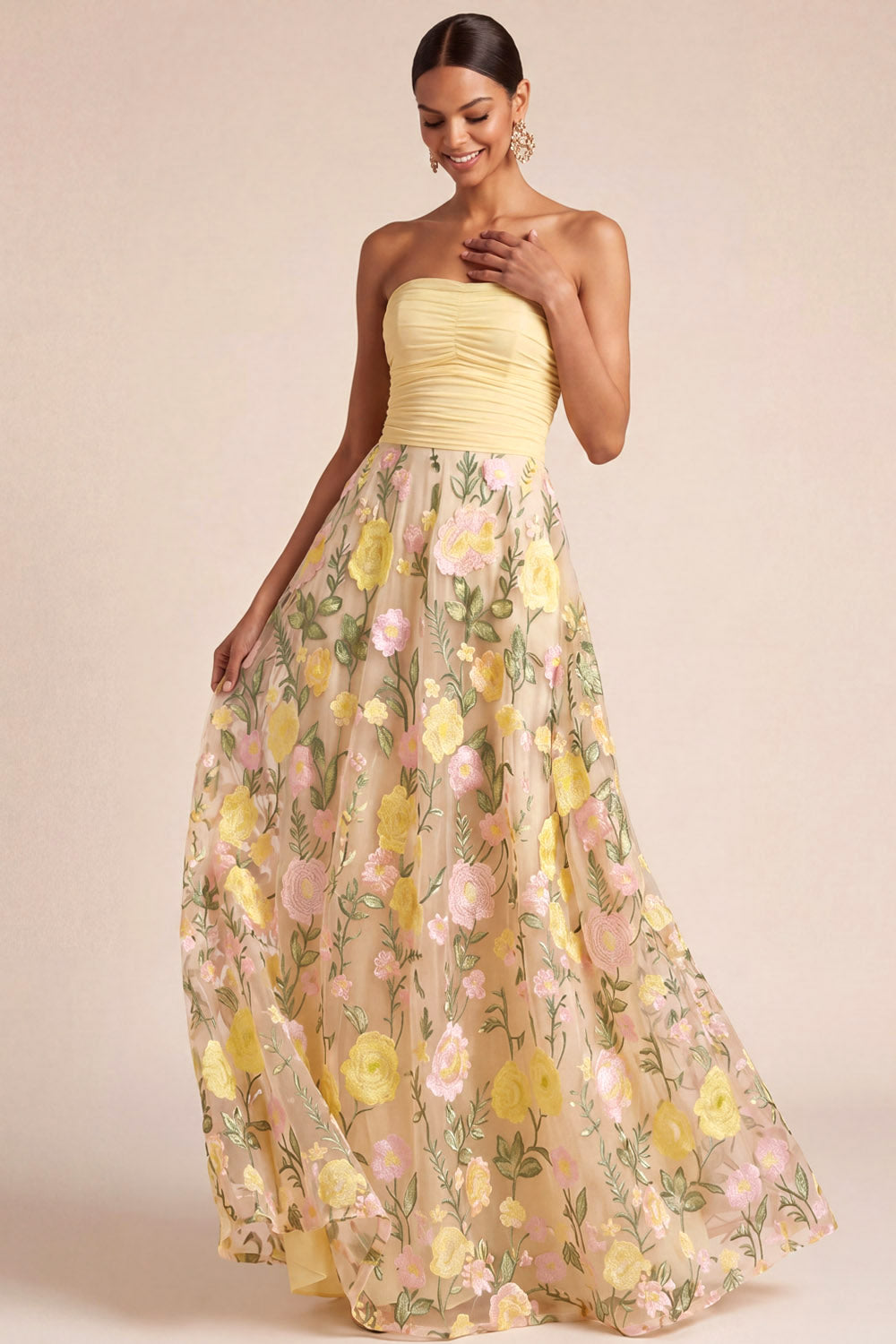 Leely Women Light Yellow Floral A Line Long Formal Dress Strapless Backless Sleeveless Garden Party Dress