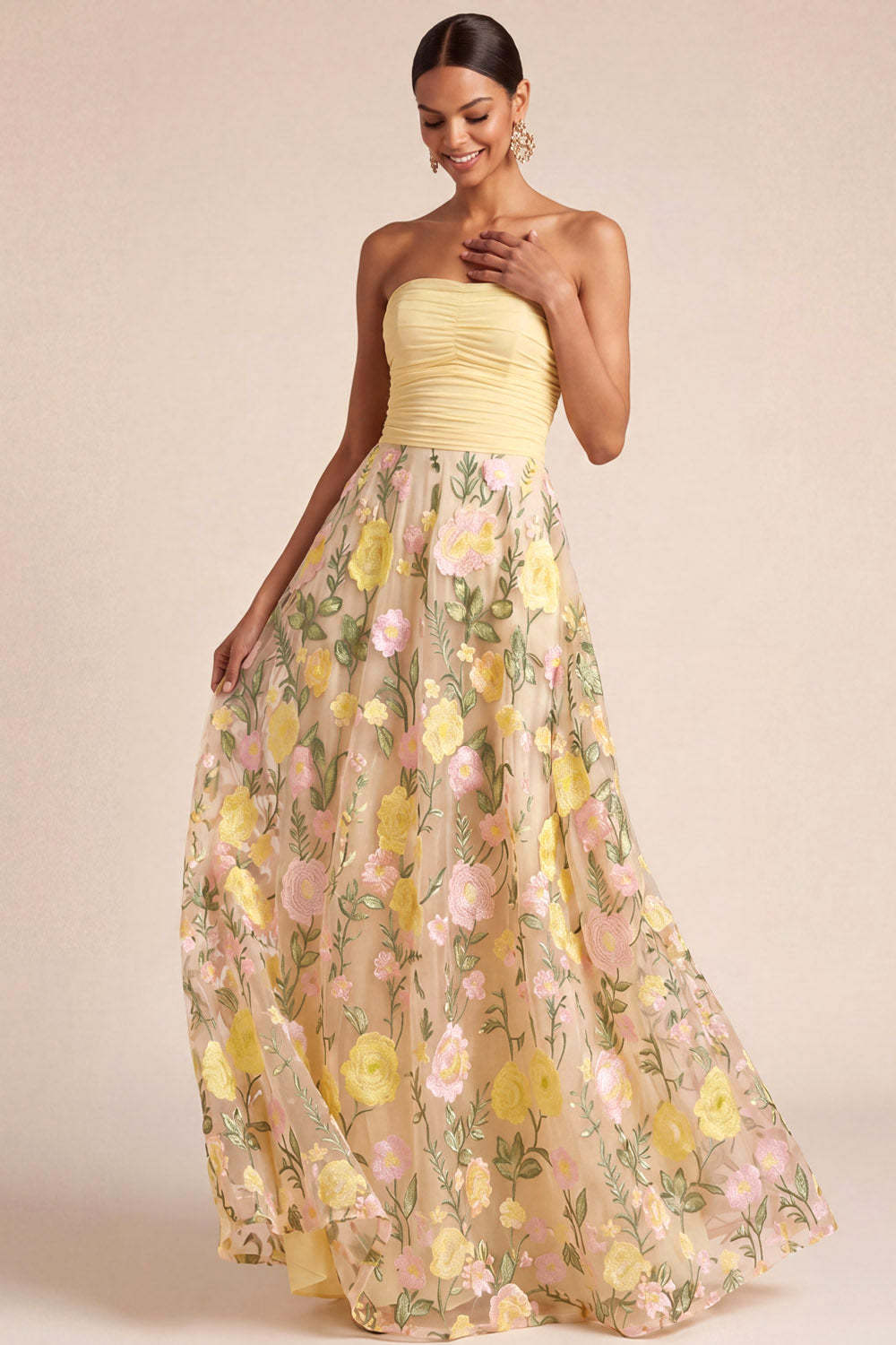 Leely Women Light Yellow Floral A Line Long Formal Dress Strapless Backless Sleeveless Garden Party Dress