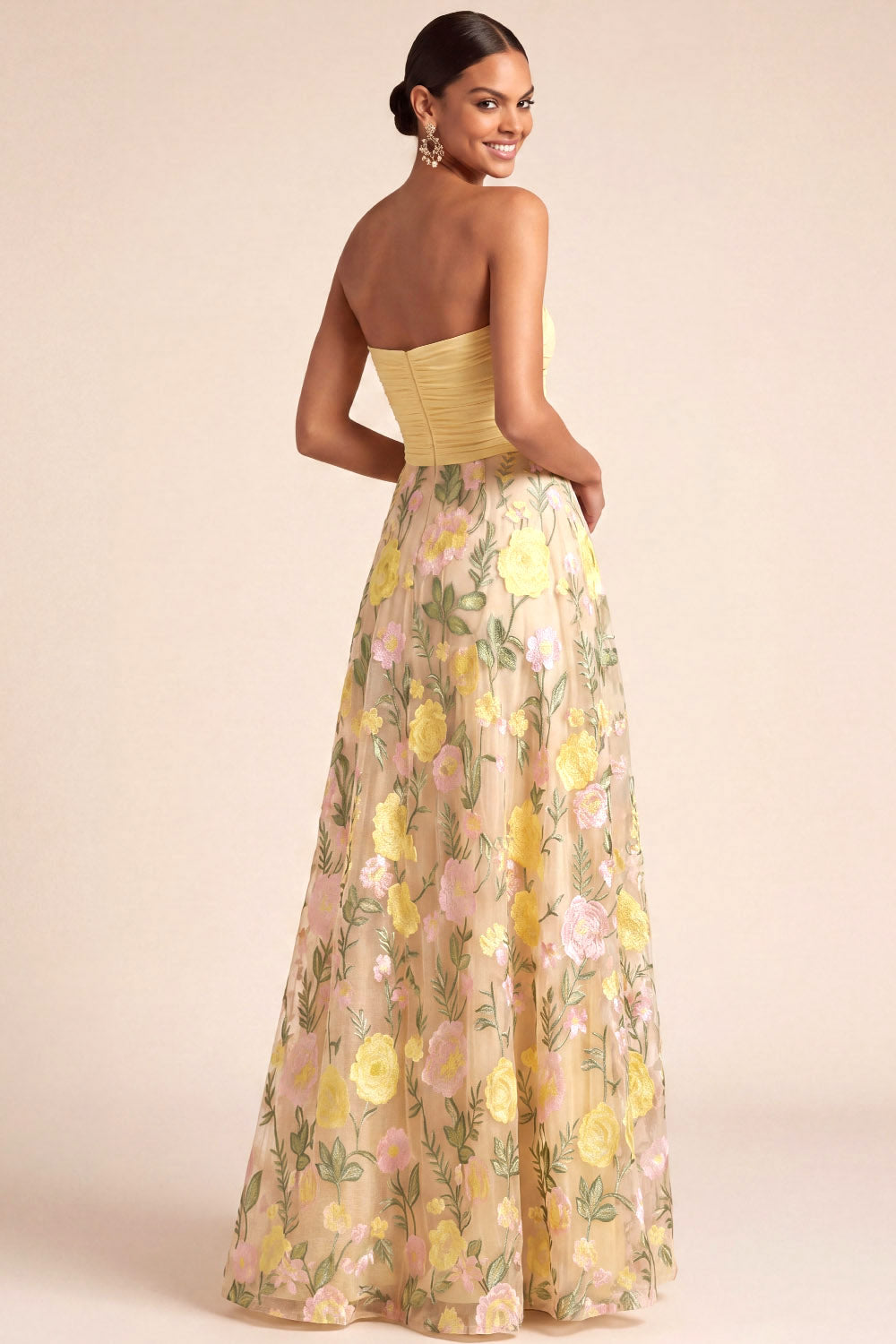 Light Yellow Floral A Line Long Formal Dress