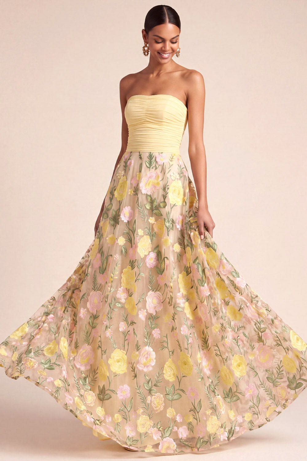 Light Yellow Floral A Line Long Formal Dress