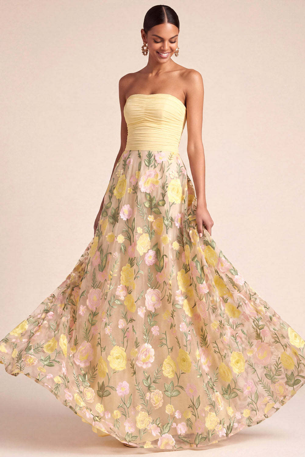 Light Yellow Floral A Line Long Formal Dress