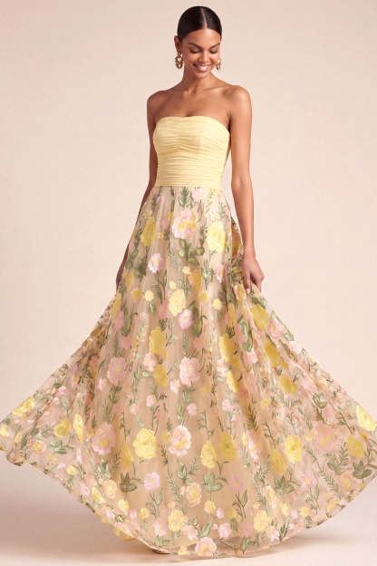 Light Yellow Floral A Line Long Formal Dress