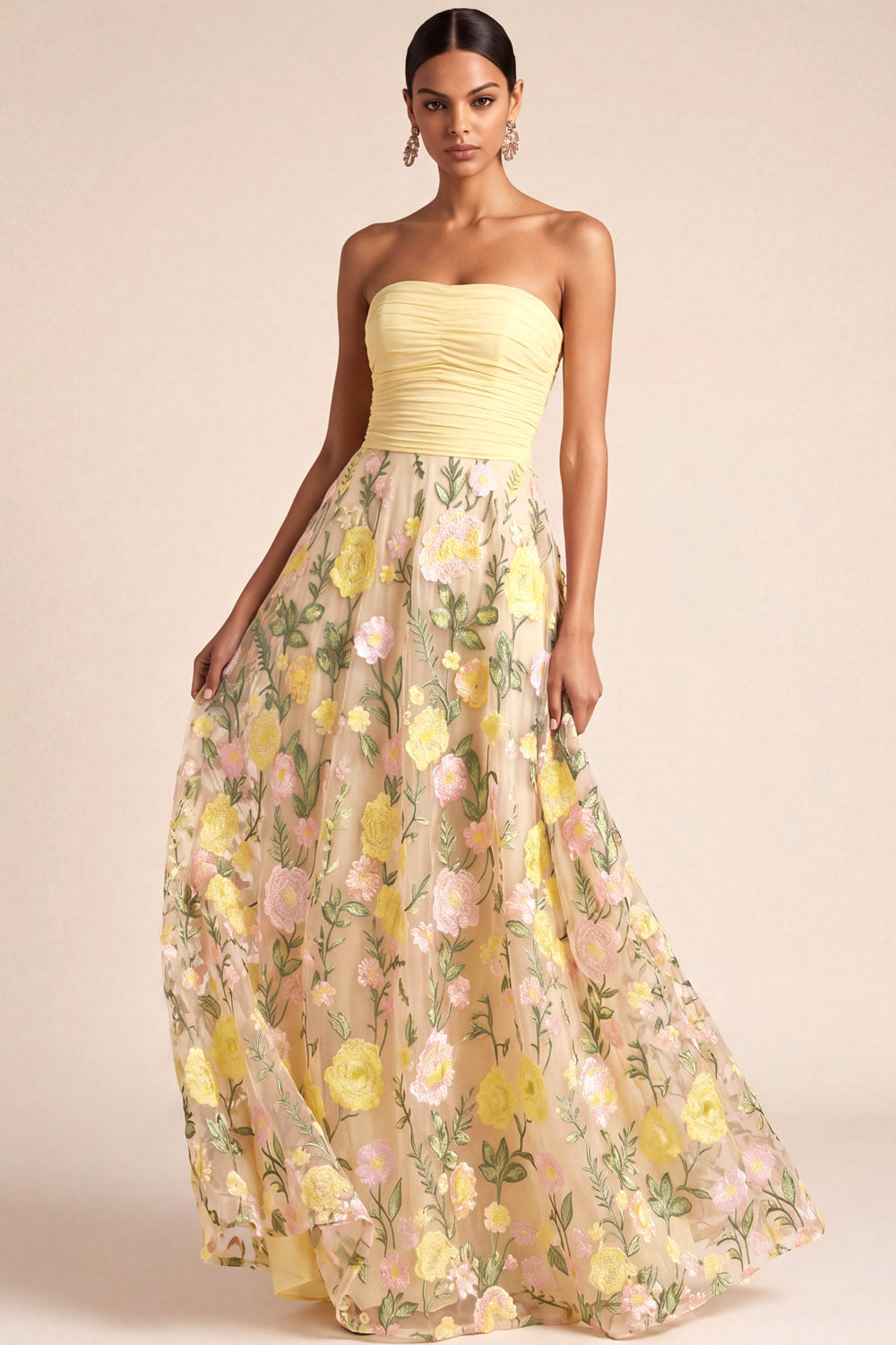 Light Yellow Floral A Line Long Formal Dress