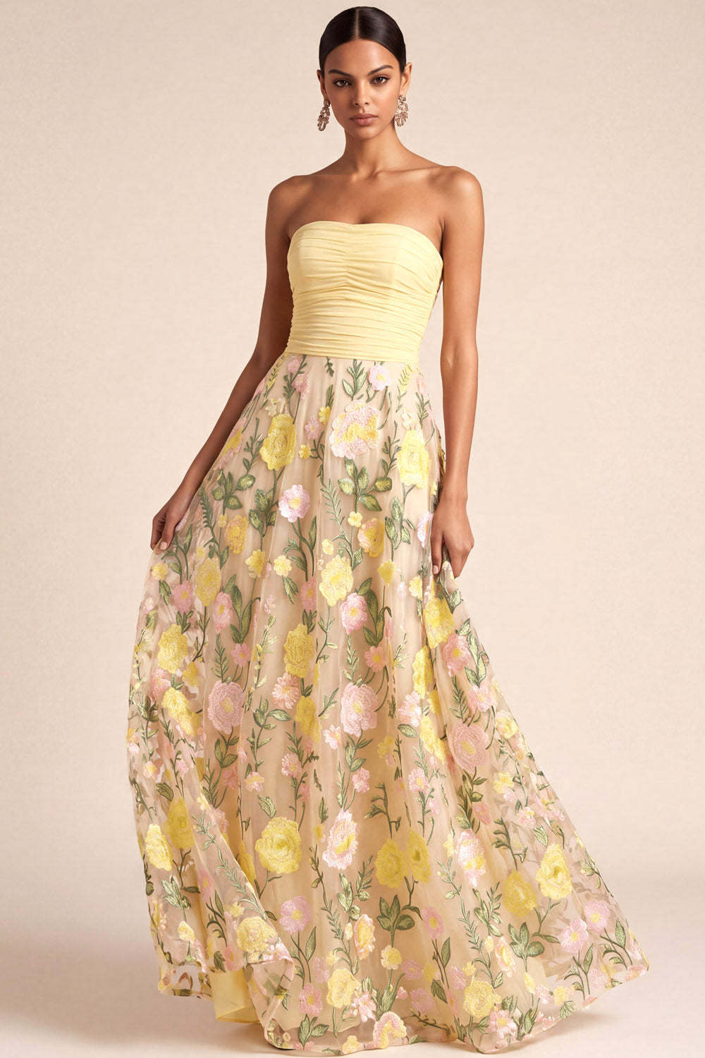 Light Yellow Floral A Line Long Formal Dress