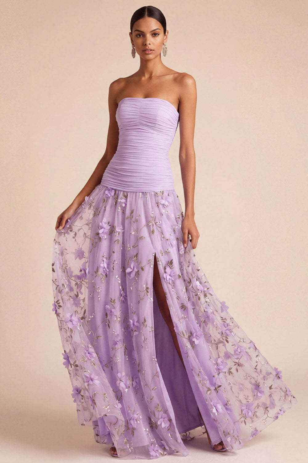 Leely Women Lilac Floral A Line Appliqued Long Formal Dress with Slit Strapless Backless Sleeveless Wedding Guest Dress