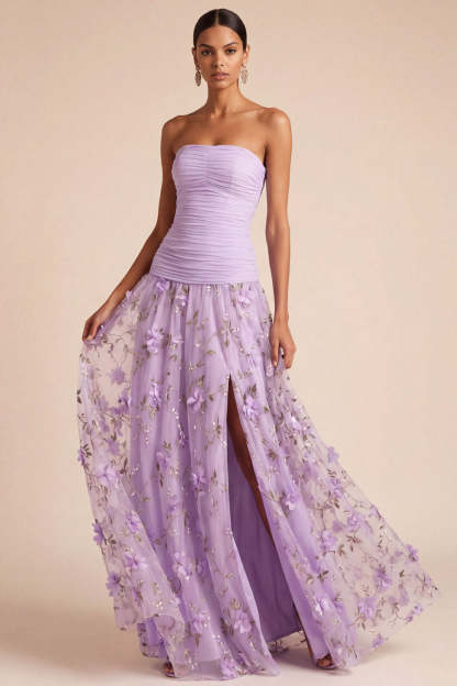 Leely Women Lilac Floral A Line Appliqued Long Formal Dress with Slit Strapless Backless Sleeveless Wedding Guest Dress