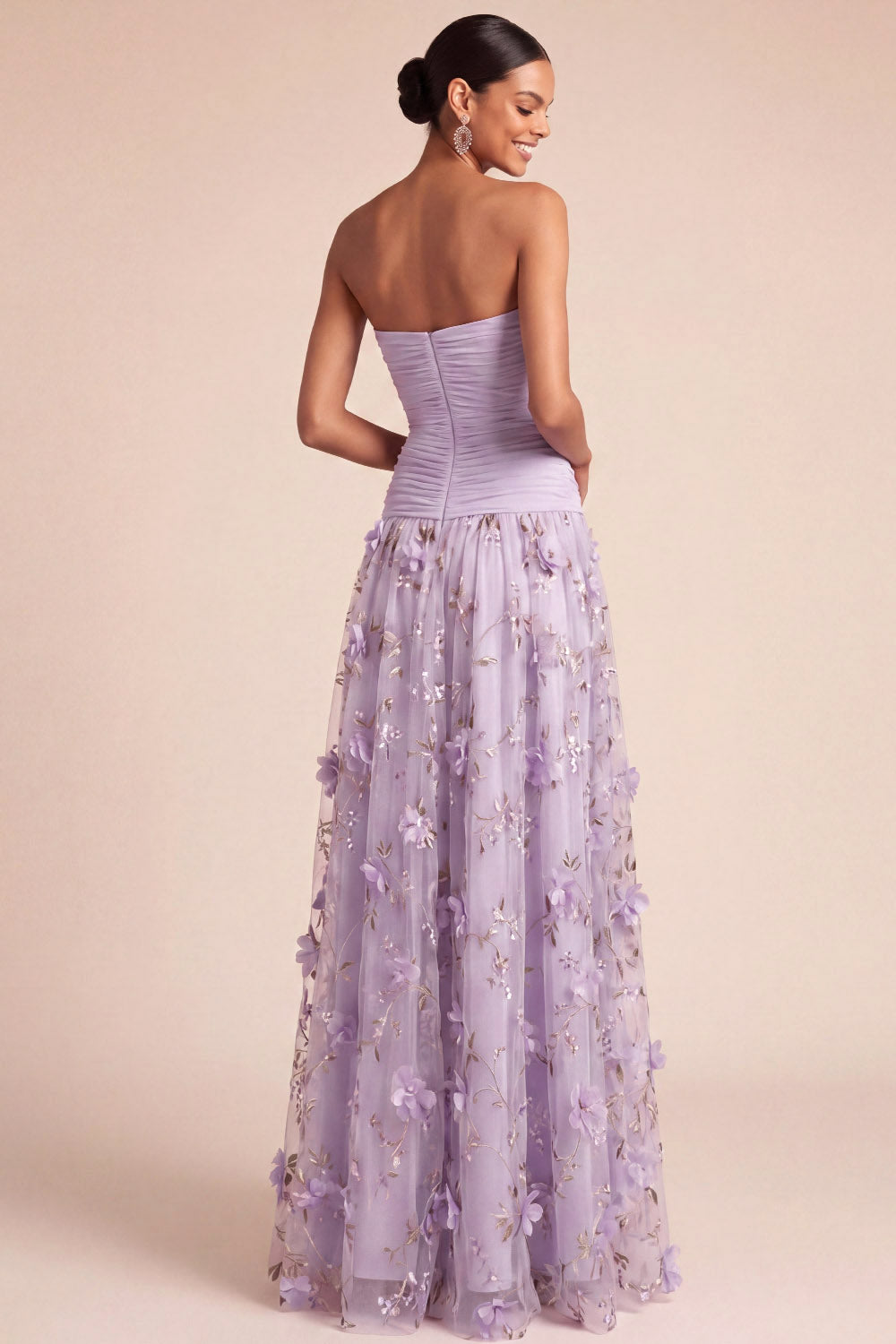 Lilac Floral A Line Appliqued Long Formal Dress with Slit