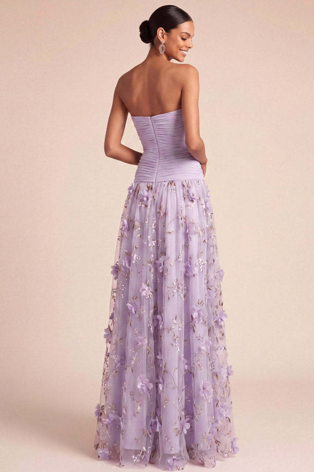 Lilac Floral A Line Appliqued Long Formal Dress with Slit