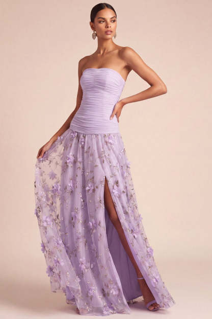 Lilac Floral A Line Appliqued Long Formal Dress with Slit