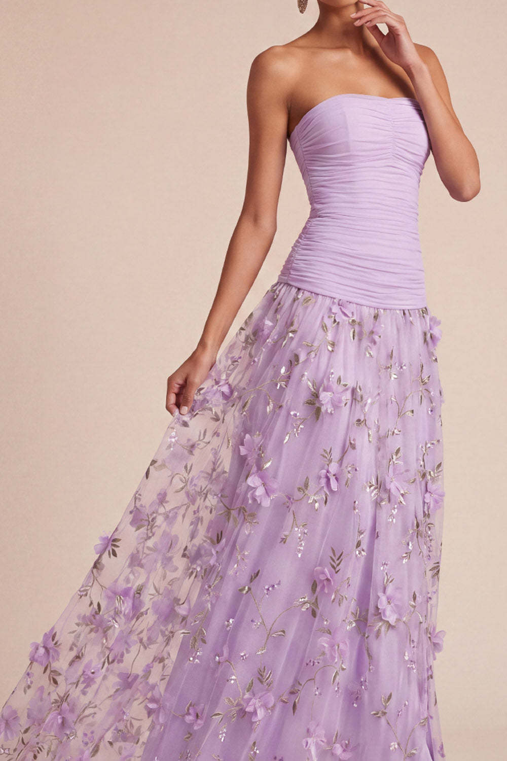 Lilac Floral A Line Appliqued Long Formal Dress with Slit