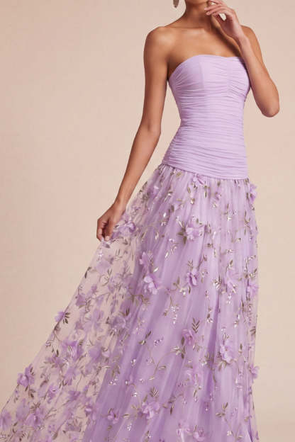 Lilac Floral A Line Appliqued Long Formal Dress with Slit