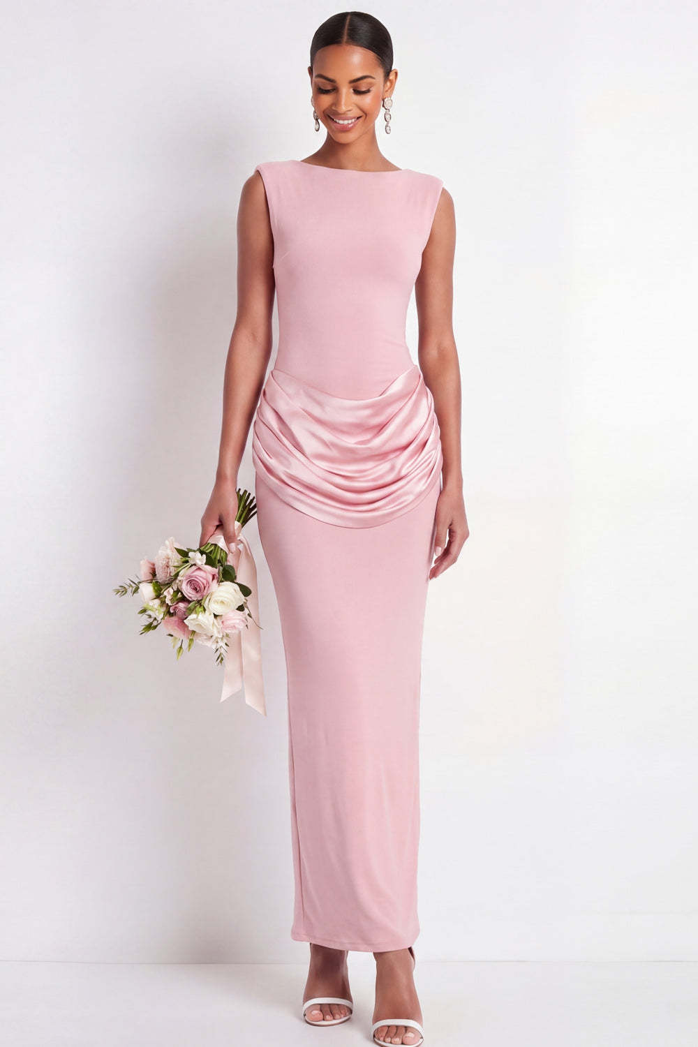 Leely Women Pink Sheath Draped Long Formal Dress Sleeveless Round Neck Wedding Guest Dress