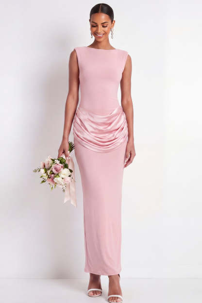 Leely Women Pink Sheath Draped Long Formal Dress Sleeveless Round Neck Wedding Guest Dress