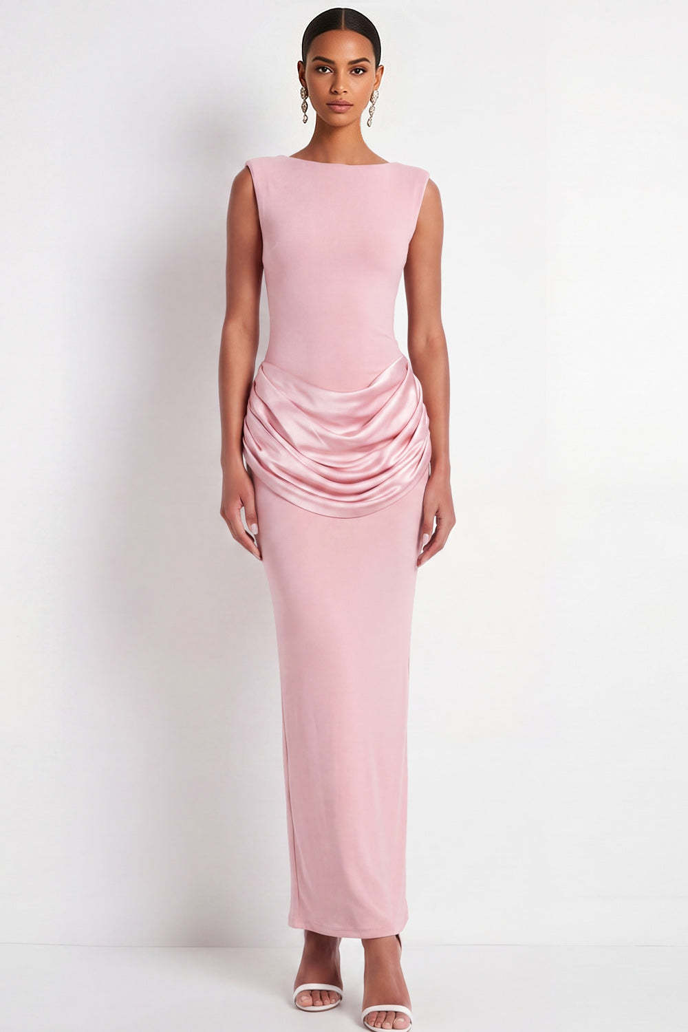 Pink Sheath Draped Long Formal Dress