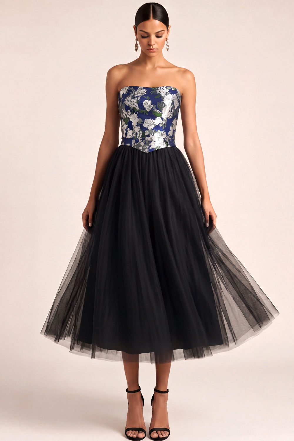 Leely Women Black Floral A Line Strapless Midi Formal Dress High Waist Backless Sleeveless Wedding Guest Dress