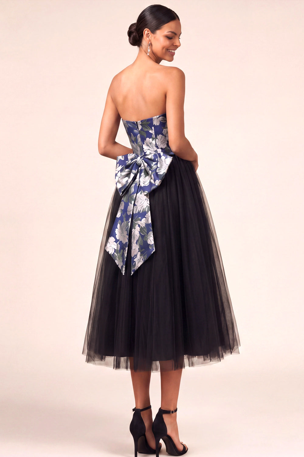 Black Floral A Line Strapless Midi Formal Dress