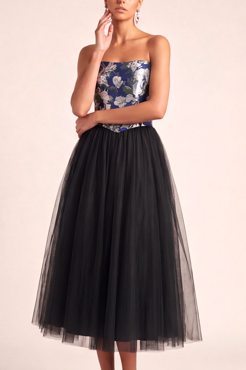 Black Floral A Line Strapless Midi Formal Dress