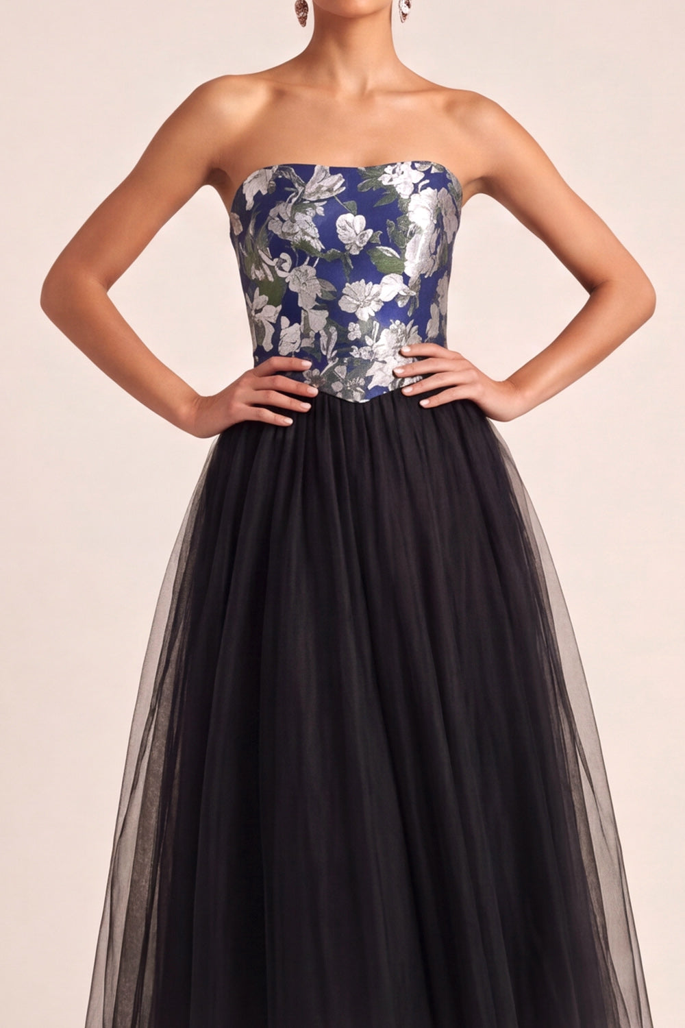 Black Floral A Line Strapless Midi Formal Dress