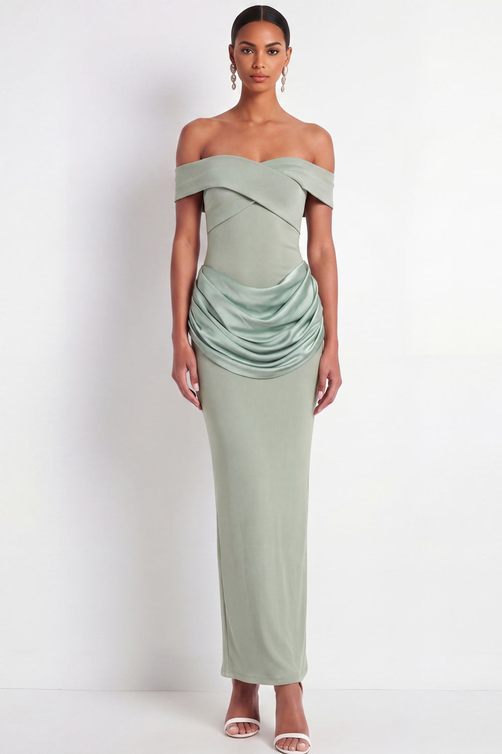 Dusty Sage Off the Shoulder Drape Waist Sheath Maxi Formal Dress