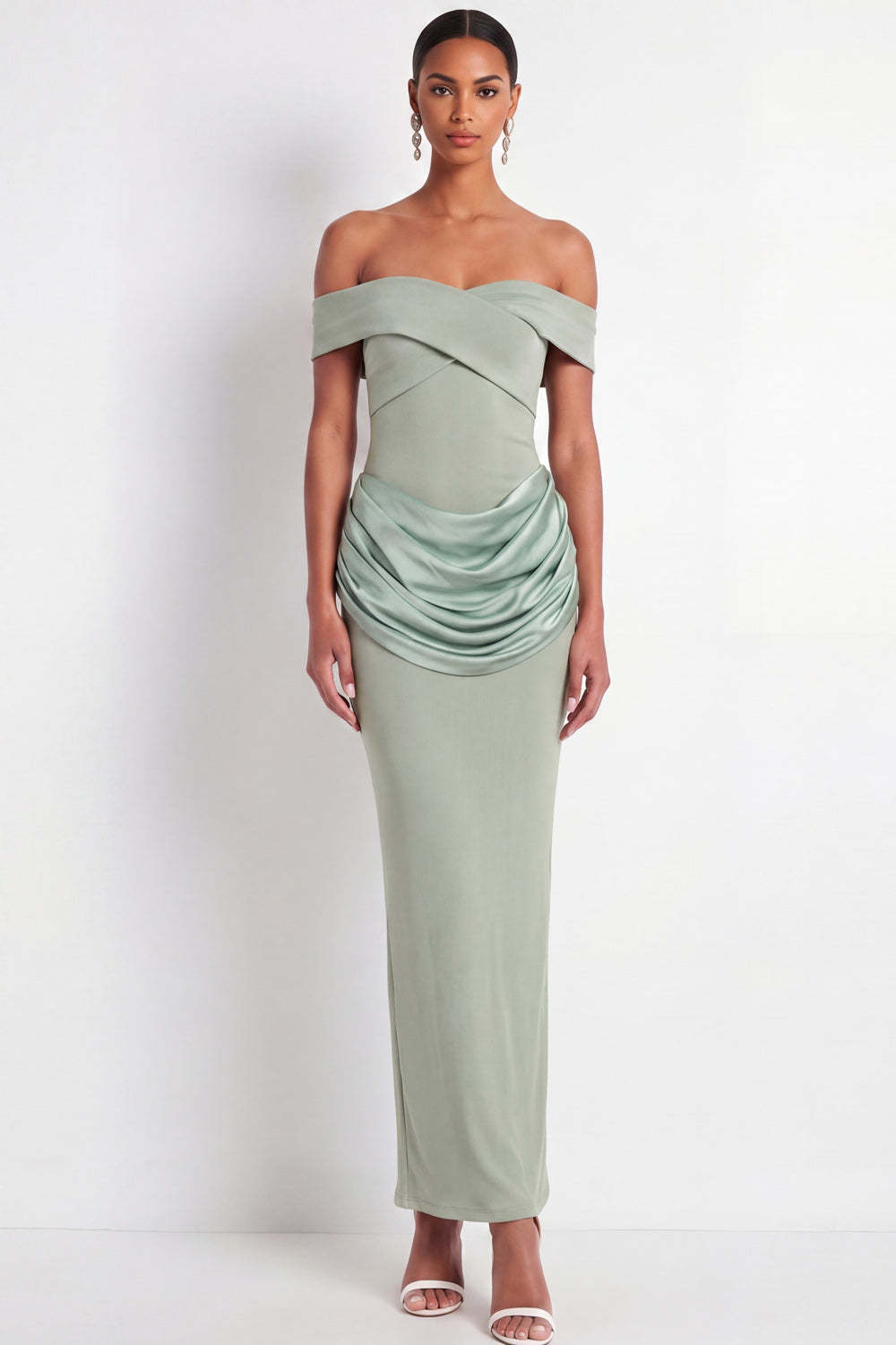 Leely Women Dusty Sage Sheath Long Formal Dress Off the Shoulder Drape Waist Sleeveless Wedding Guest Dress