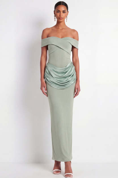 Leely Women Dusty Sage Sheath Long Formal Dress Off the Shoulder Drape Waist Sleeveless Wedding Guest Dress